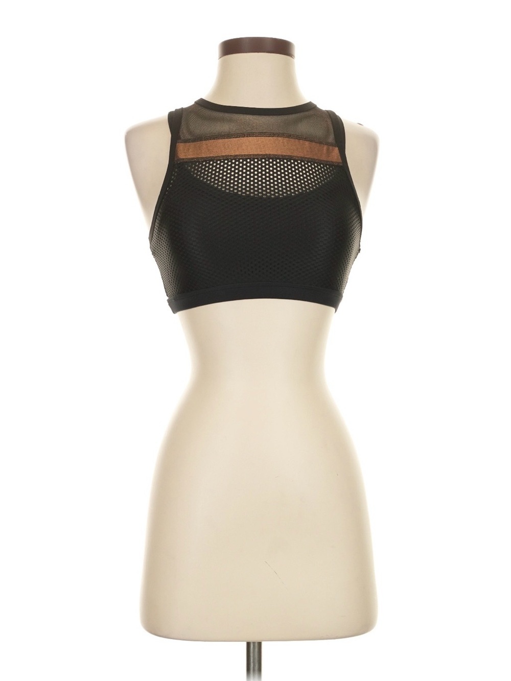 Beyond Yoga Black Mesh High-Neck Sports Bralette with Bronze Accent